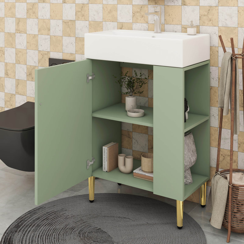 Armoire de rangement de salle de bain 21,6 "avec lavabo en céramique et rangement latéral, Vert