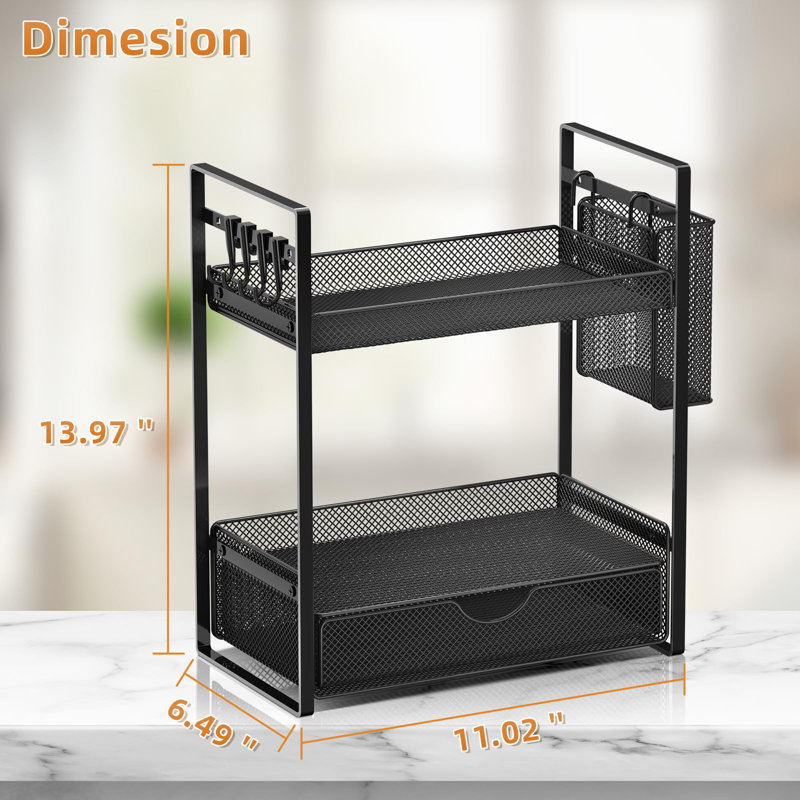 2-Tier Metal Mesh Bathroom Organizer with Drawer, Countertop Storage Shelf with Basket Hooks for Bathroom Sink Vanity and Kitchen Spice Organization