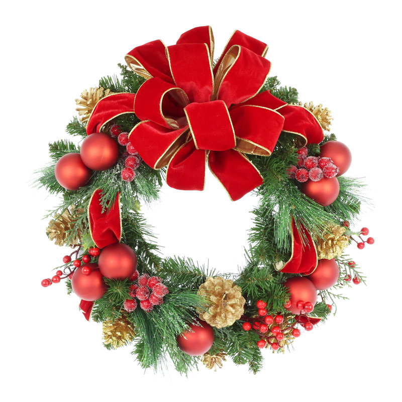 22" Holiday Wreath With Berries, Holly And A Bow
