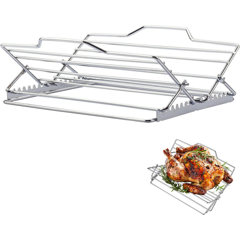 Foldable V‑Shaped 430 Stainless Steel Turkey Roasting Rack with Basting Brush - 25Lb Capacity for Oven & Grill