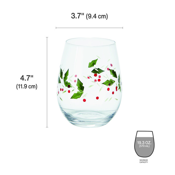 Christmas Wine Glasses - Set of 2 Stemless - Hand Painted - Holly