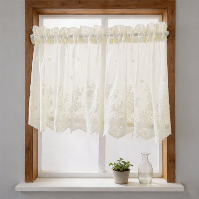 Sheer Window Valance 1 Panel, Light Filtering Window Treatment Curtain Linen Lace Border Rod Pocket For Kitchen Bathroom Bedroom Home Decoration Beige White, 53.94X35.43In