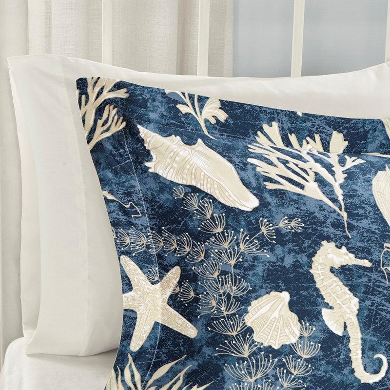 Literie 7 pièces Cape - coton bleu très grand, élégance côtière, taies décoratives assorties et accents décoratifs très grand, corail élégant, merveilles