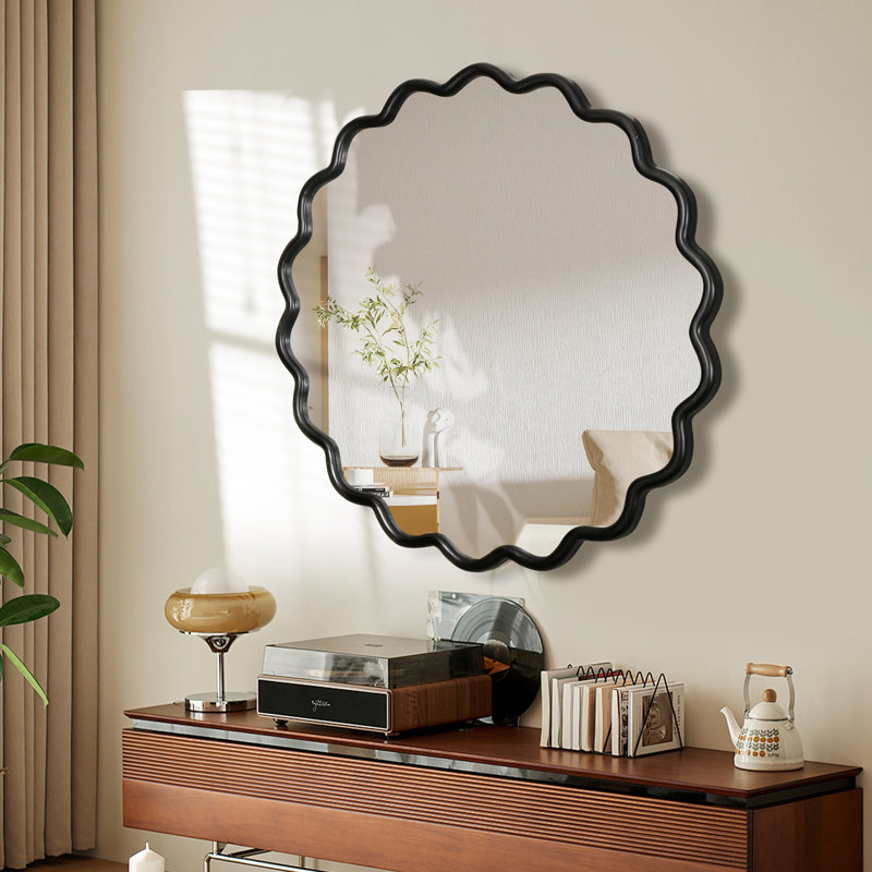 " natural wood wavy vanity mirror | modern wall decor for bathroom, bedroom, living room, dining room, cloakroom & entryway