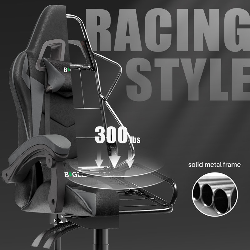 Reclining Gaming Chair with LED Lights and Headrest, Black/Grey