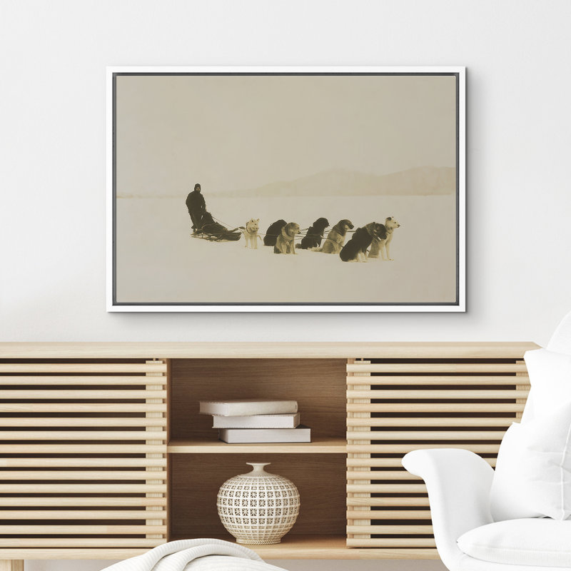 «Dog Sled Team», «Snowfield Adventure», reproduction d'art encadrée sur toile, art mural, H 16 po x l 24 po x P 1,5 po, Blanc