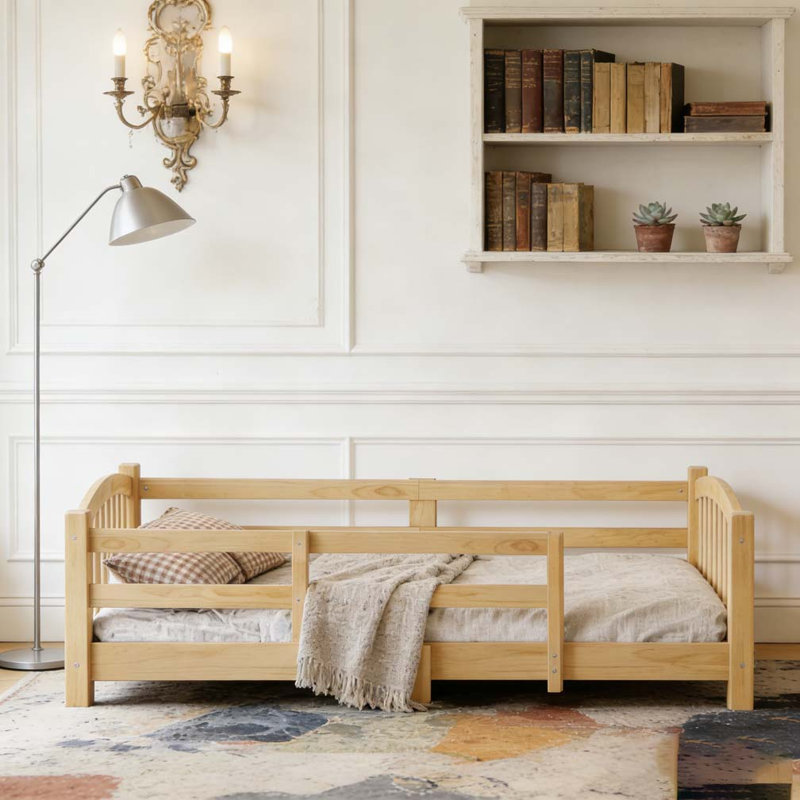 Lit en bois avec lattes et garde-corps de sécurité, Naturel, Lit simple