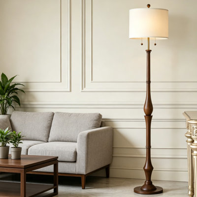 Listed Rustic Floor Lamp With Natural Wood Base And Linen Shade, Dual Pull Chain Switches, Includes LED Bulbs For Living Room, Bedroom, Or Office