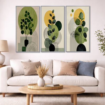 Ensemble de 3 plantes murales géométriques minimalistes vertes et noires de style bohémien minimaliste encadré