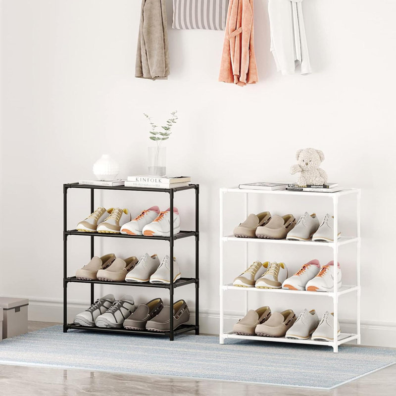 Small Shoe Rack 6-8 Pairs Sturdy Shoe Shelf 4-Tiers Narrow Stackable Shoe Organizer,Lightweight Kids Shoe Racks For Entryway, Doorway And Closet