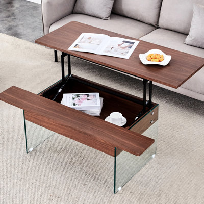 Table basse ergonomique avec plateau en bois foncé avec pieds en verre trempé et assemblage sans effort