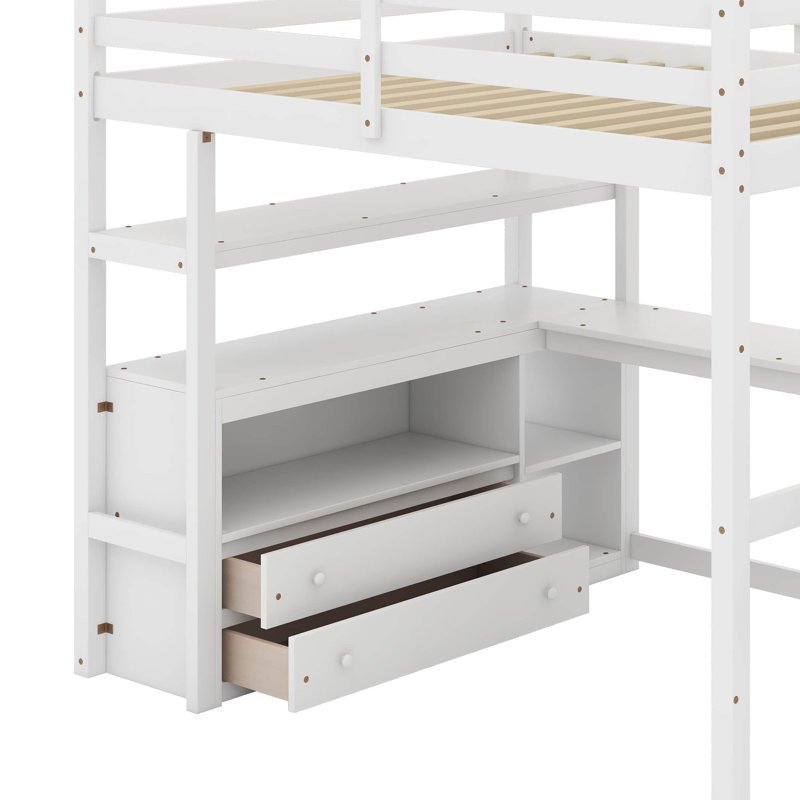 Lit mezzanine double avec bureau et tablettes, Lit double, Blanc