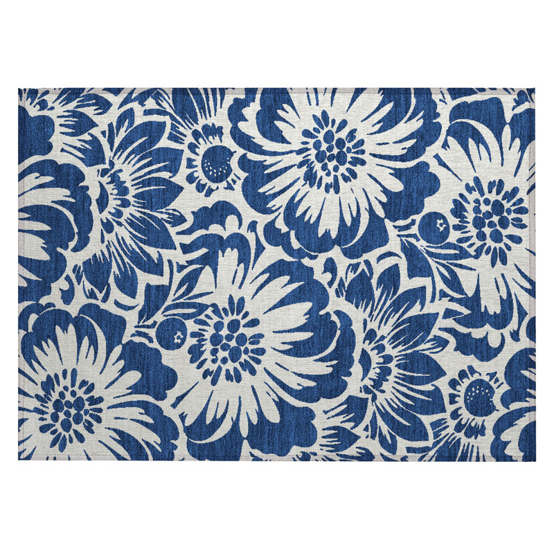 Tapis extérieur lavable antidérapant bleu marine et ivoire 2 pi x 3 pi