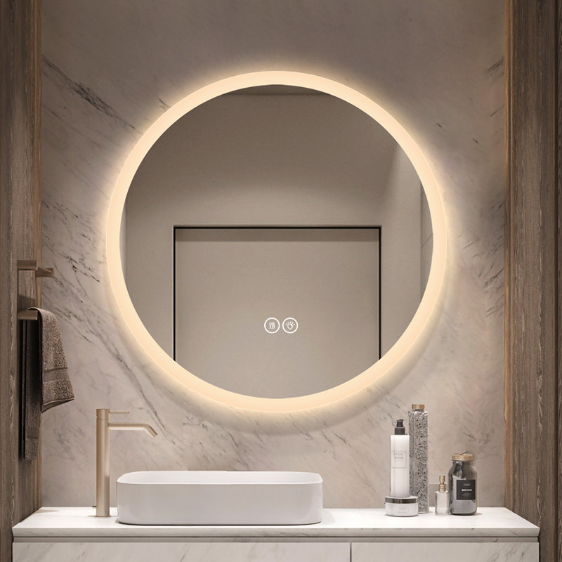 32 Inch Round Frameless LED Bathroom Vanity Mirror with Dimmable 3 Color Lighting Anti Fog and Memory Function