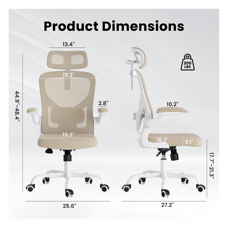 Ergonomic Home Office Desk Chair with Headrest & Adjustable Lumbar Support, Breathable Mesh Computer Chair for Home Study - White & Khaki