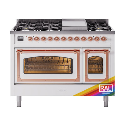 ILVE Nostalgie II Series Noblesse 48 inch Dual Fuel Range with 8 Sealed Burners, Griddle (Glass Door)
