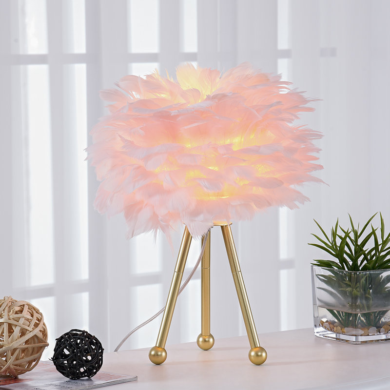 Marjorie 14.5" Tripod Feather Table Lamp, Pink
