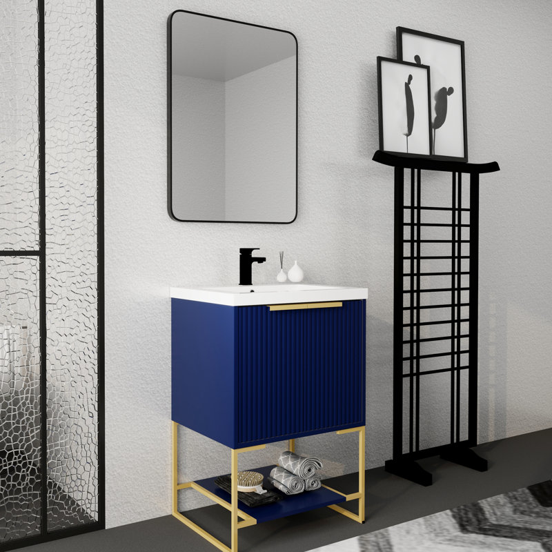 Meuble-lavabo de salle de bain autoportant bleu marine avec comptoir en résine 24 po bleu marine