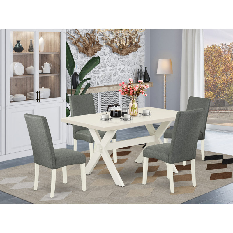 5 Piece Dining Room Furniture Set Includes a Rectangle Dining Table with X-Legs and 4 Gray Linen Fabric Parsons Chairs, linen white