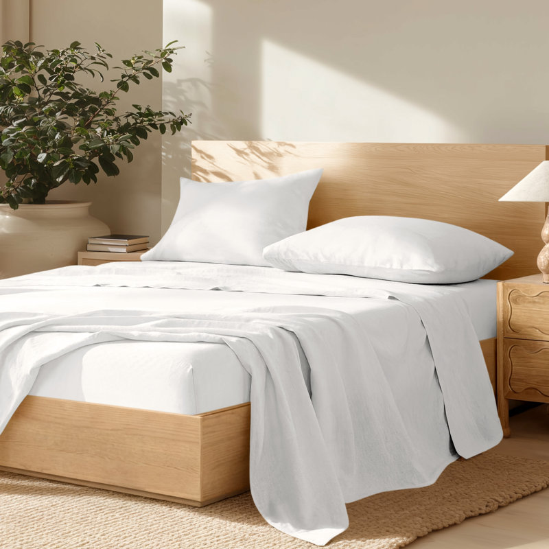 100% Linen Sheet Set, Twin Extra Long Sheet Set with 1 Pillowcase, White