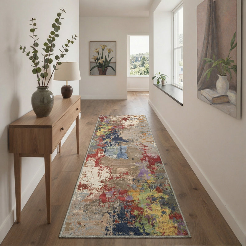 Mignone Aura Abstract Machine Washable Grey / Blue / Red Indoor Area Rug with Non-Slip Backing, Runner 2'6" x 8'