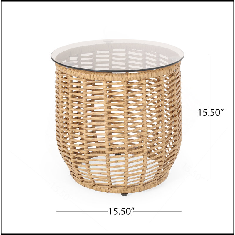 Table d'appoint Arias en rotin résistant aux intempéries avec plateau en verre trempé pour une utilisation extérieure et un décor élégant
