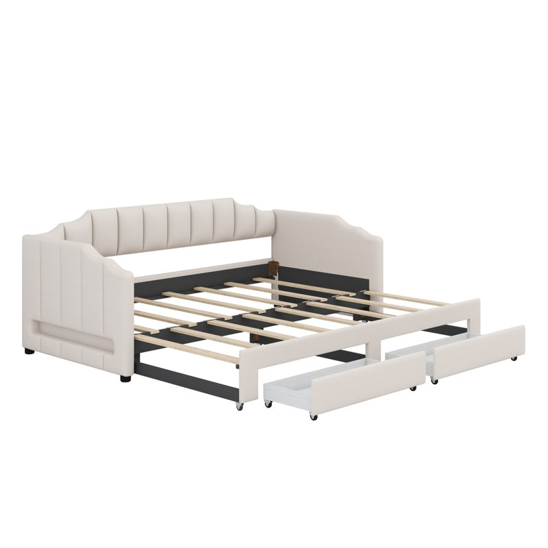 Lit de jour rembourré extensible avec tiroirs de rangement et lumière DEL, Beige