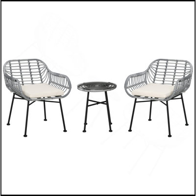 Ensemble de patio 3 pièces, mobilier de bistro extérieur, table et chaises en osier de rotin PE, coussiné, tissé à la main, look moderne avec verre trempé pour le jardin, le porche, la piscine, la cour arrière, blanc crème