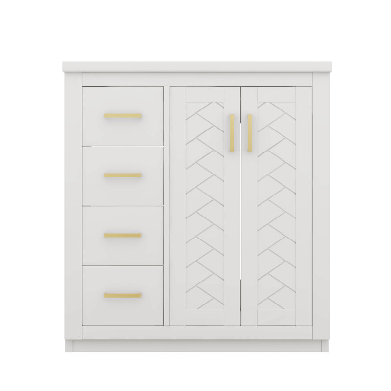 Meuble-lavabo autoportant moderne de 30 pouces avec lavabo simple et 3 tiroirs pour le rangement, Blanc, Doré