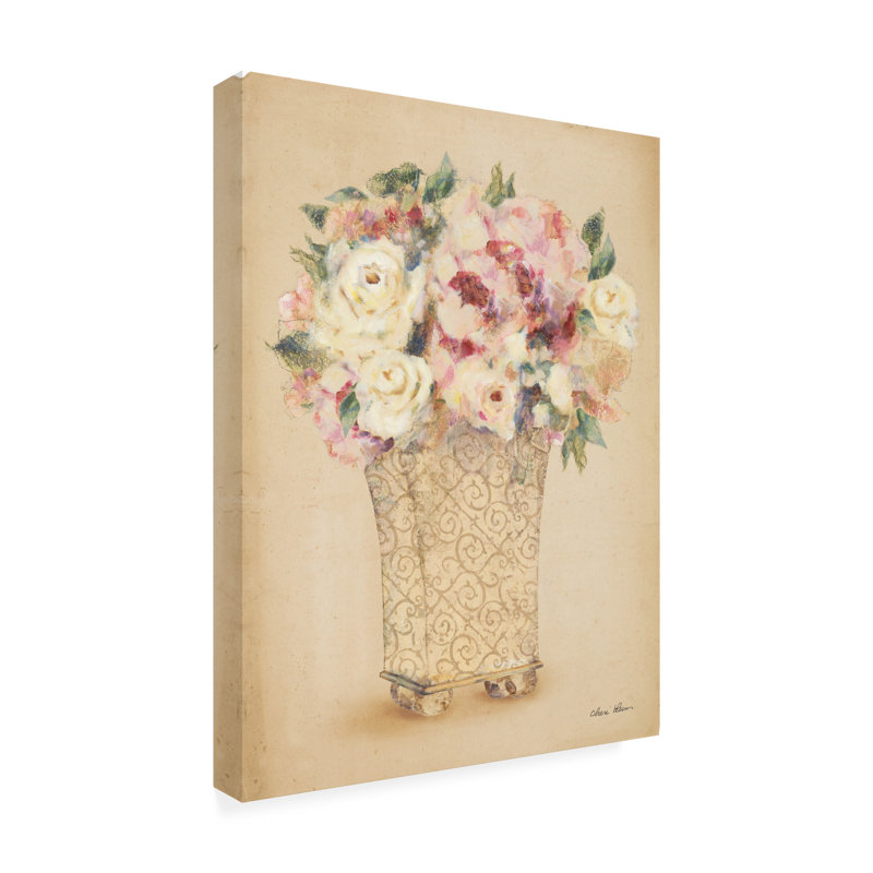 Art sur toile «Bachelor roses dans un vase peint II», H 19 po x l 14 po