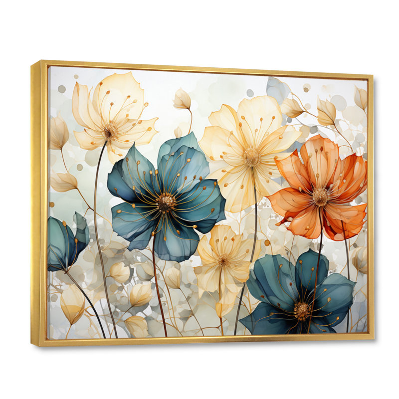 «Teal Orange Petal Mosaics I», art mural abstrait botanique pour le salon, H 34 po x l 44 po, Gold