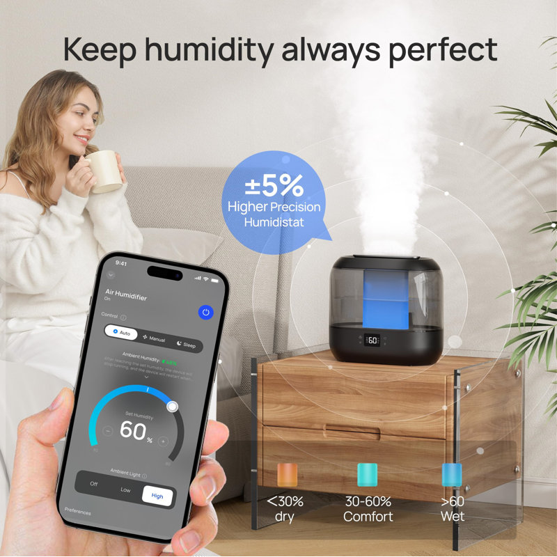 Smart Black and Clear Ultrasonic Humidifier with App Control