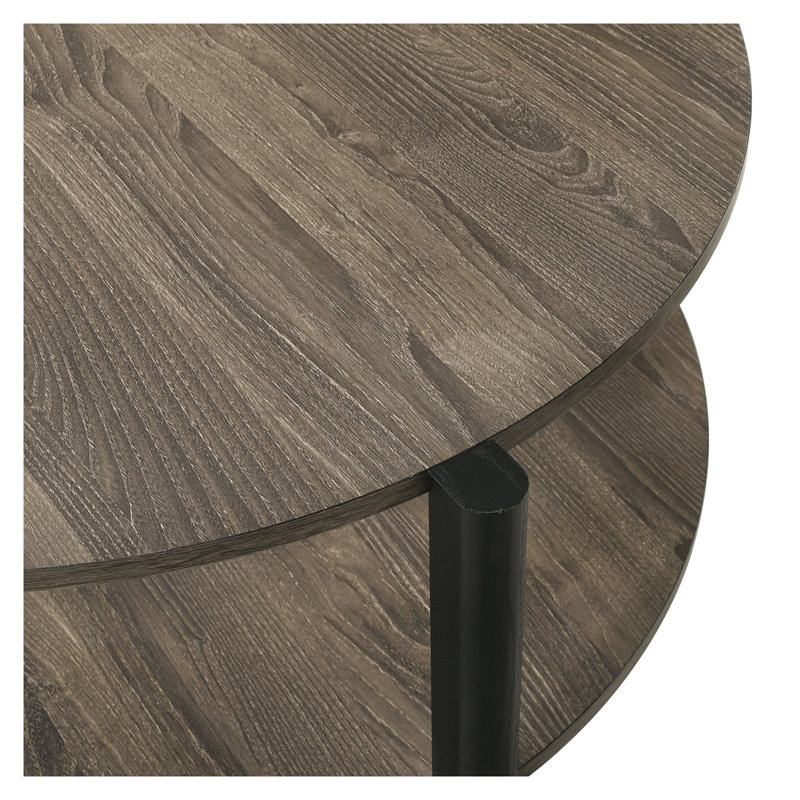 Table basse transitionnelle ronde avec tablette ouverte, meubles en bois d'ingénierie gris foncé et pieds en métal pour le salon
