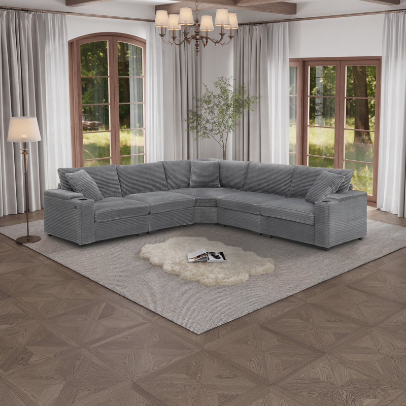Convertible L-shaped & Symmetrical Modular Sofa With Armrest Storage, Cup Holders, Usb Charger, And Irregular Corner Design
