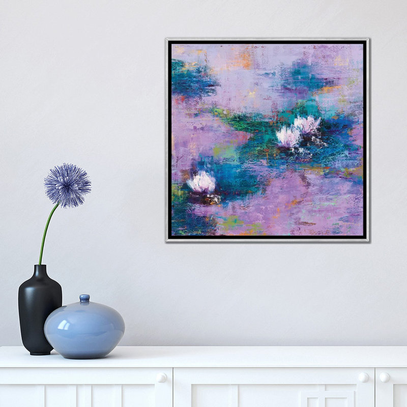 « Purple pond » par Olena-impression de peinture, Pas de tapis, H 18 po x l 18 po x 1,5 po, Toile avec cadre argenté