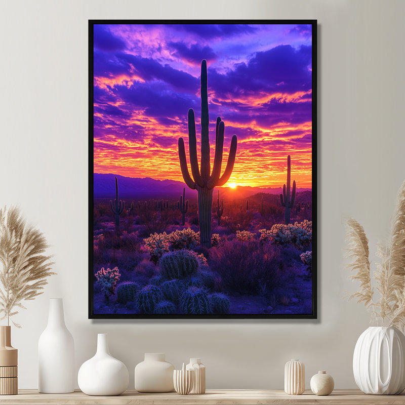 Margarite, désert, cactus au coucher du soleil I - Cactus, art mural, H 20 po x l 12 po, Reproduction avec cadre flottant