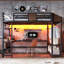 Lit mezzanine entièrement métallique avec bureau en forme de L, bande lumineuse DEL, ports USB, étagères de rangement et tringle à vêtements, noir et brun