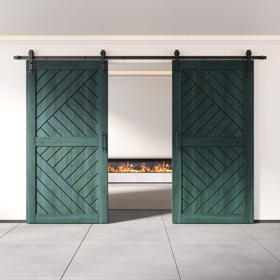 Homacer Royal Pine Double 26in x 80in Unassembled & Finished Geometric Design Barn Doors with Non-Bypass Installation Hardware Kit, 9ft track, interior use only