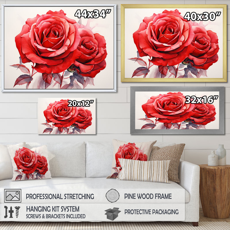 Red Roses Resson sur toile, H 24 po x l 32 po x P 1 po, Cadre simple blanc