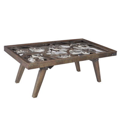 Lakela Industrial Gear Glass Top Coffee Table with Repurposed Steel Gears & Solid Wood Legs – 47” Rustic Metal & Hardwood Living Room Table 