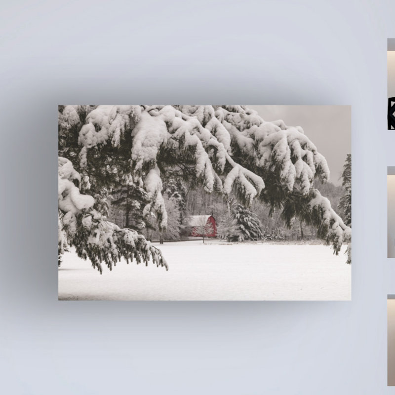 Toile tendue - Kurt Shaffer, art mural «Red Barn In A Winter Wonderland» pour décoration de salon, de chambre à coucher ou de bureau - 12 x 19