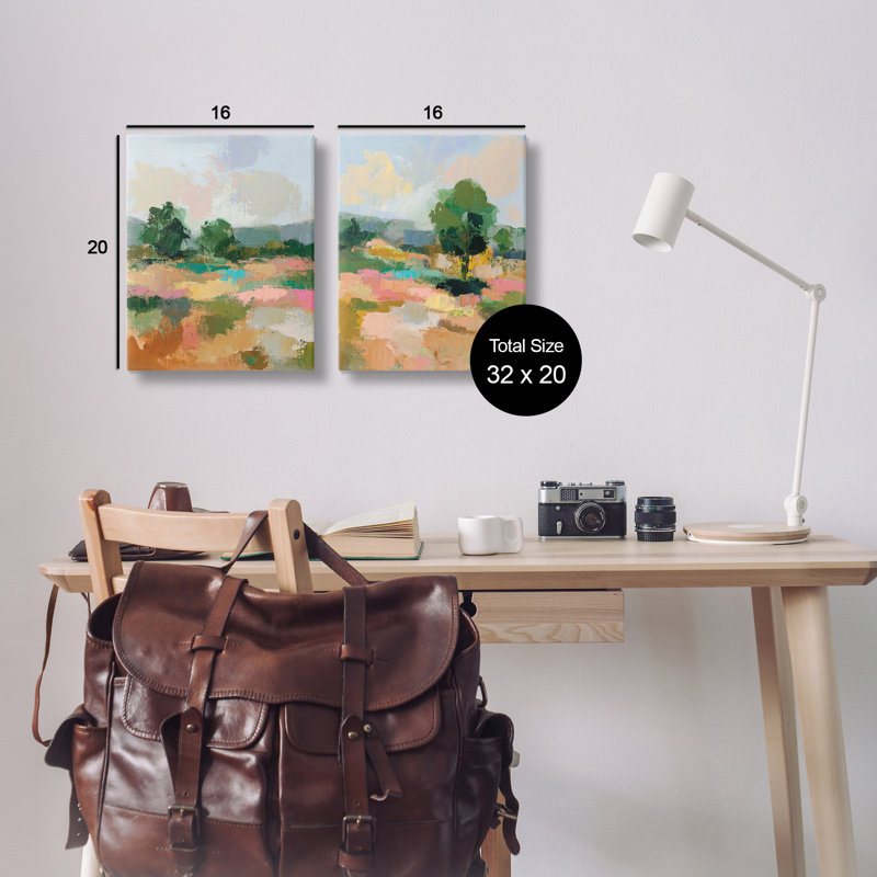«Spring Field Abstract Landscape», ensemble de 2 toiles murales par Silvia Vassileva, H 20 po x l 16 po