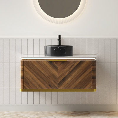 36" Bathroom Vanity&Sink, Floating Plywood Storage Cabinet With Sensor Light, Drawer, Stone Pattern Black Round Ceramic Vessel Basin&Sintered Stone Top, Pre-Assembled, Dark Walnut Woodgrain Color