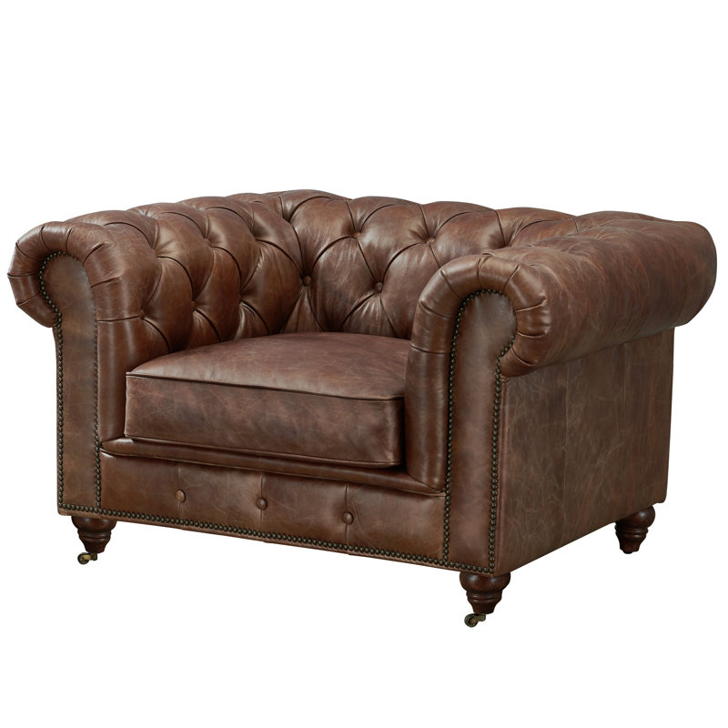 Peppie Upholstered Chesterfield Chair, Brown Genuine Leather