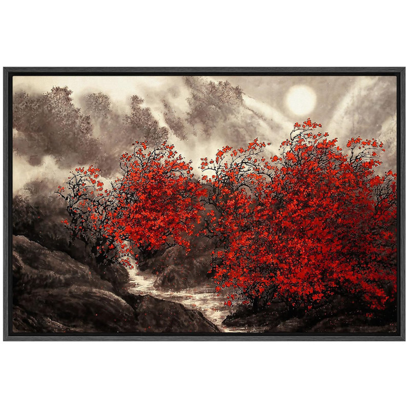 Automne Automne «Red Forest Trees» sur, H 24 po x l 36 po, Cadre flottant noir