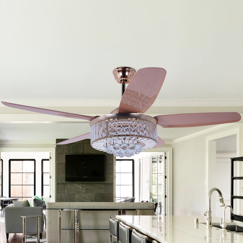 Ventilateur de plafond 52 po en cristal moderne avec lumière, réversible, télécommande, 6 vitesses, moteur à 3 couleurs DEL et silencieux