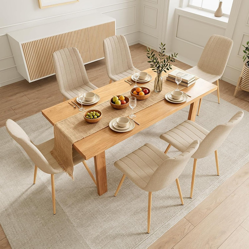 Chaise de salle à manger rembourrée à dossier haut, revêtue de lin respirant et dotée d'une structure métallique robuste, beige