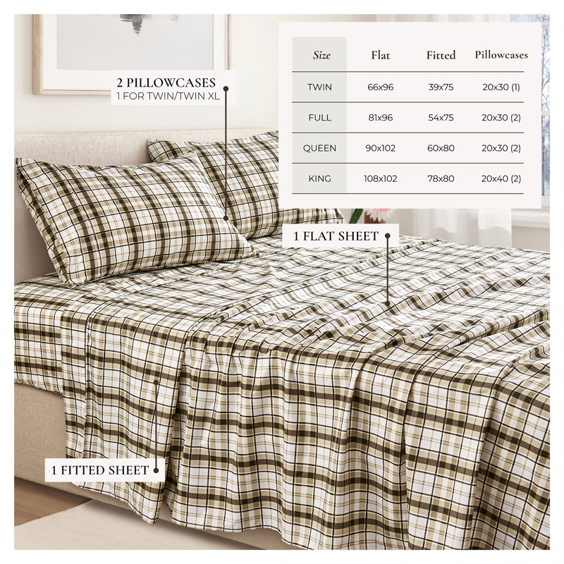 Ultra Soft Printed Microfiber Sheet Set, King Sheet Set with 2 Pillowcases, Cabin Plaid