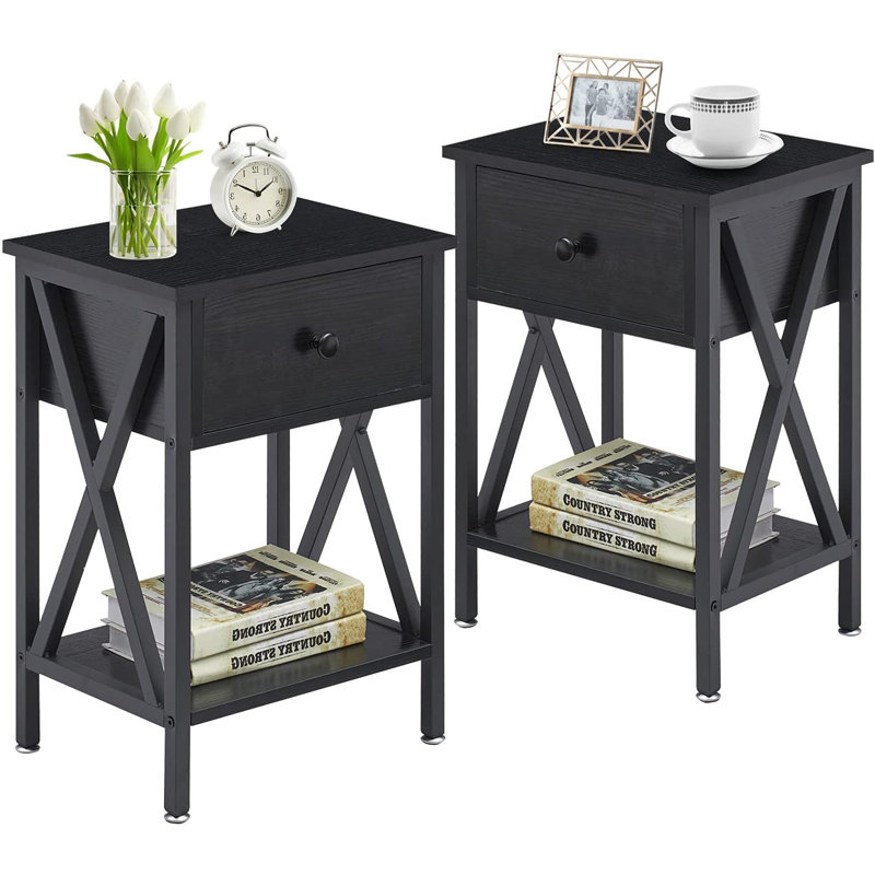 Alameen 22" Tall Nightstand, End Side Tables with Storage Drawer and Open Wood Shelf for Bedroom, Black