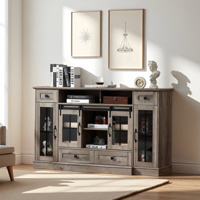 Meuble télé avec portes coulissantes en verre, tiroirs et tablette réglable pour un excellent rangement, centre de divertissement